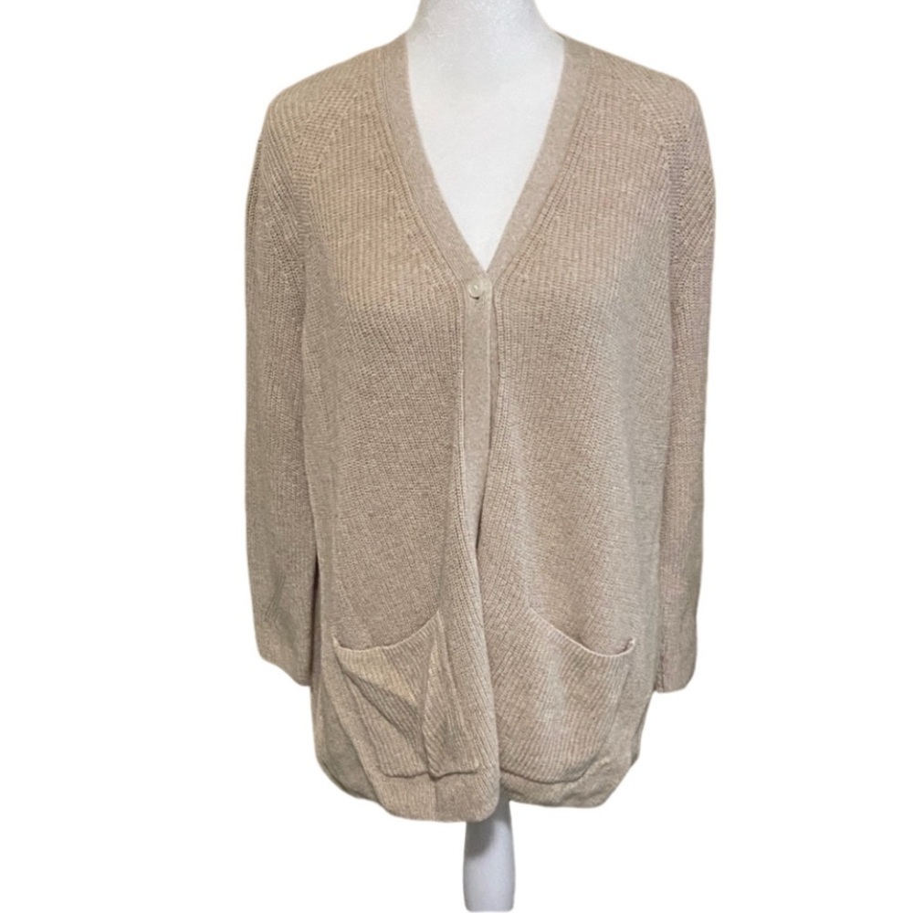 Lands End Tan/ Beige V-Neck Pocket Cardigan Sweater - Single Button. Size L.